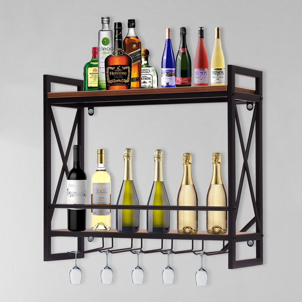 Wide Multi Sectional Bottle Holder with Top Shelf Section Stainless Steel Wine Rack Wall Mount 3 Bottles Modern Art Design