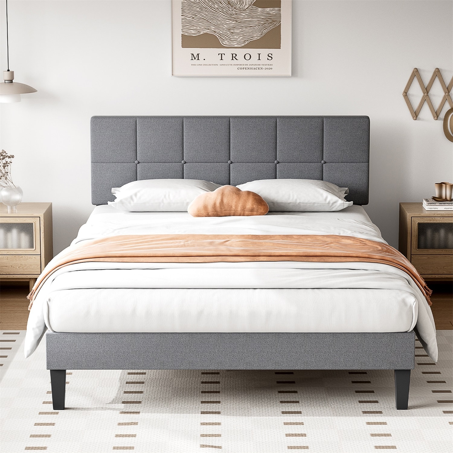 Queen Size Platform Bed Frame with Fabric Upholstered Headboard and Wooden Slats Support, No Box Spring Needed/Easy Assembly