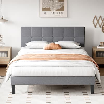 Queen Size Platform Bed Frame with Fabric Upholstered Headboard and Wooden Slats Support, No Box Spring Needed/Easy Assembly