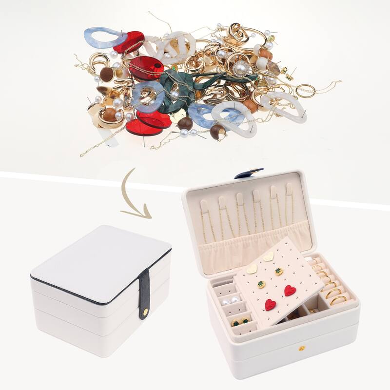 2 Layer Jewelry Box for Women Girls Birthday Gifts, PU Leather Jewelry Organizer Case with Drawer, Removable Jewelry Storage - White
