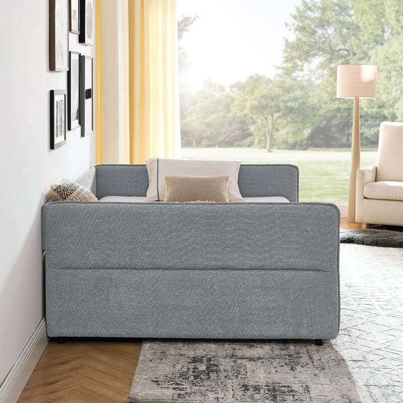 Roomfitters Queen Boucle Daybed with Trundle, Two Storage Drawers and Upholstered Sofa Bed Frame