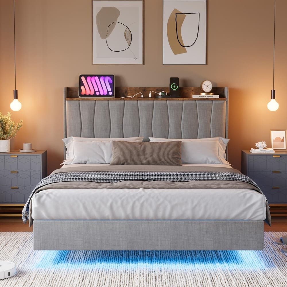 Floating Bed Frame, with LED Lights & USB Charging Station, Headboard