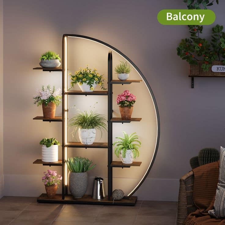 Plant Stand Indoor with LED Light, 61" Tall Metal Plant Shelf, 9 Tier Moon-Shaped Plant Rack for Living Room