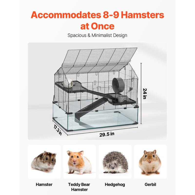 Large Tempered Glass Hamster Cage with Panoramic View & Metal Mesh Top - 29.5 x 17.3 x 24 inches