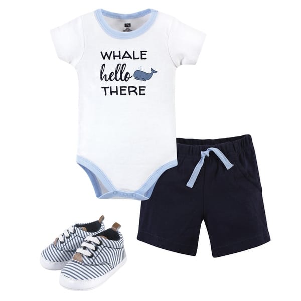 slide 1 of 1, Hudson Baby Infant Boy Cotton Bodysuit, Shorts and Shoe 3pc Set, Whale Hello 9-12 Months - Whale Hello