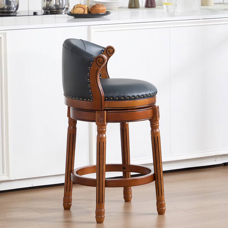 Cow Print Leather Swivel Bar Stool with Back, Wooden Frame & 360-Degree Spin, Bar Height, Blue