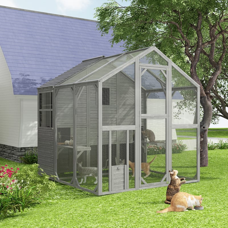 Large Outdoor Wooden Chicken Coop & Cat Enclosure with Run, 2 Colors Pet Cage