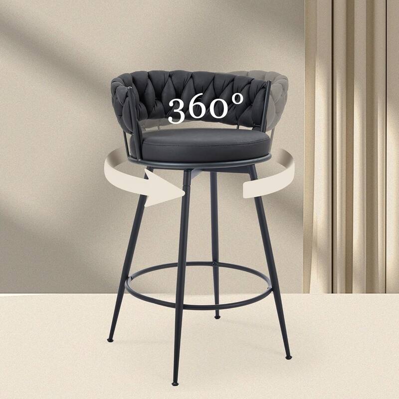 XINMICS 360° Swivel Bar Stools, 24 Inches Modern Counter Height Bar Stools with Woven Back, Upholstered Suede Tall Barstools