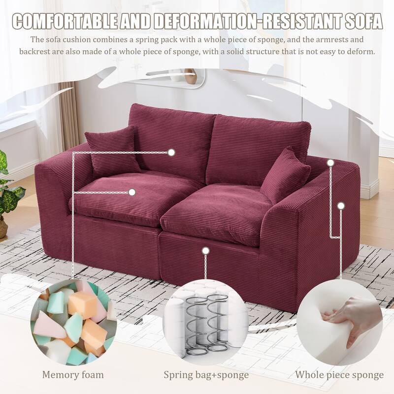 Modular Cloud Sectional Sofa, Comfy 2-Seater Corduroy Couch with Removable Covers