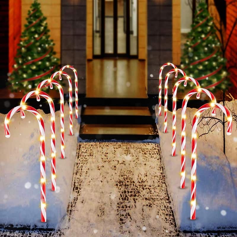 12 Pcs Christmas Candy Cane Pathway Markers Lights, 12" Christmas Stakes Lights - White and Red