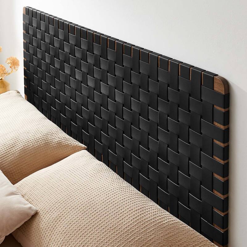 Ditmas Solid Wooden Black Leather Basket Weaved Floating Queen Size Headboard