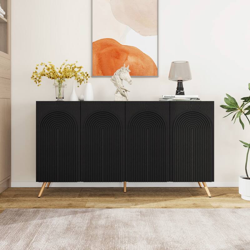Arch 3D Carved 4 Door Sideboard, Sideboard Buffet Cabinet With Storage, Modern Coffee Bar Cabinet With Adjustable Shelf - Black