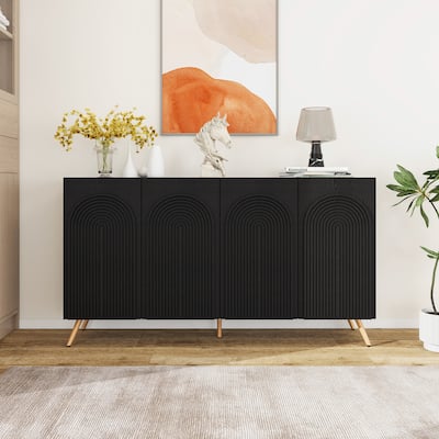 Arch 3D Carved 4 Door Sideboard, Sideboard Buffet Cabinet With Storage, Modern Coffee Bar Cabinet With Adjustable Shelf