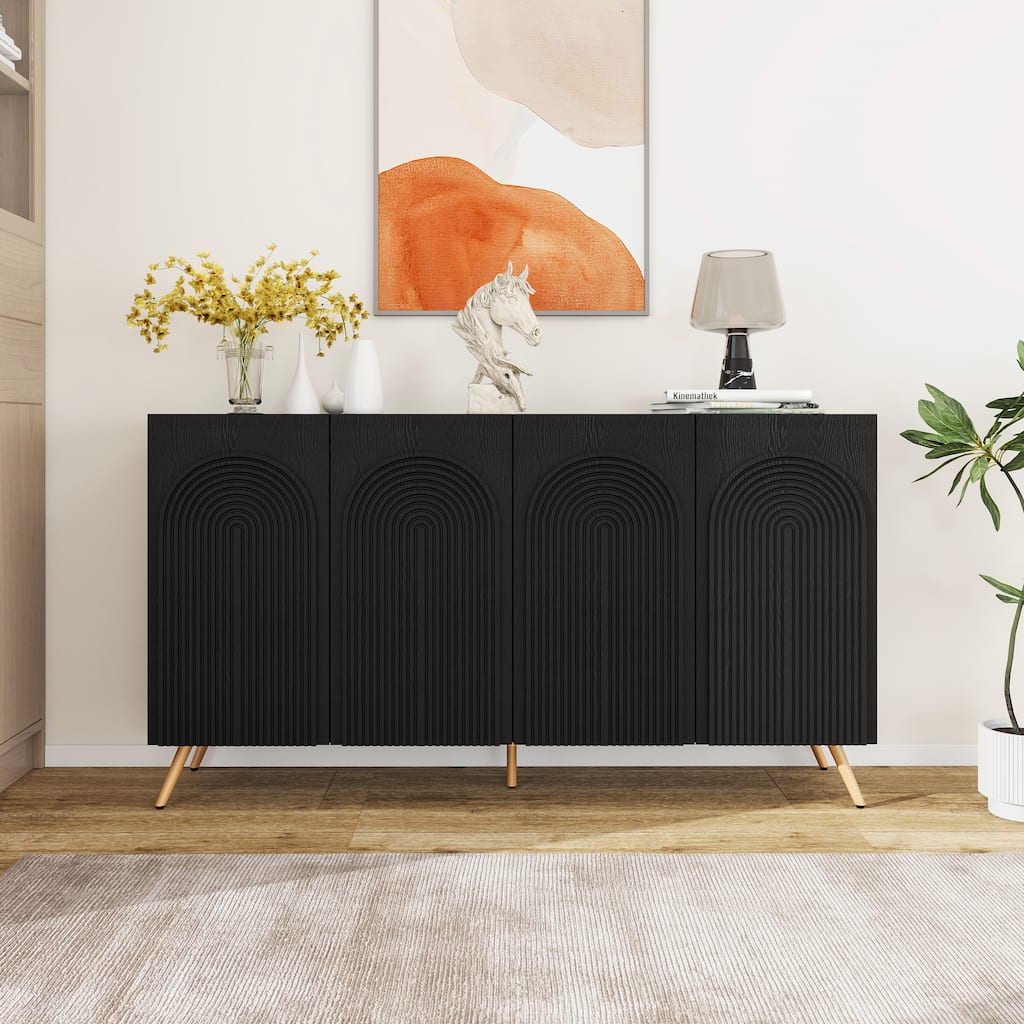 Arch 3D Carved 4 Door Sideboard, Sideboard Buffet Cabinet With Storage, Modern Coffee Bar Cabinet With Adjustable Shelf
