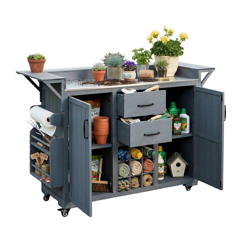 Roomfitters Outdoor Grill Cart and Kitchen Island, Stainless Steel Top, Portable Potting Bench with Storage, Wheels