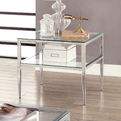 Glass Top Square End Table with Open Shelf and Chrome Frame, Silver