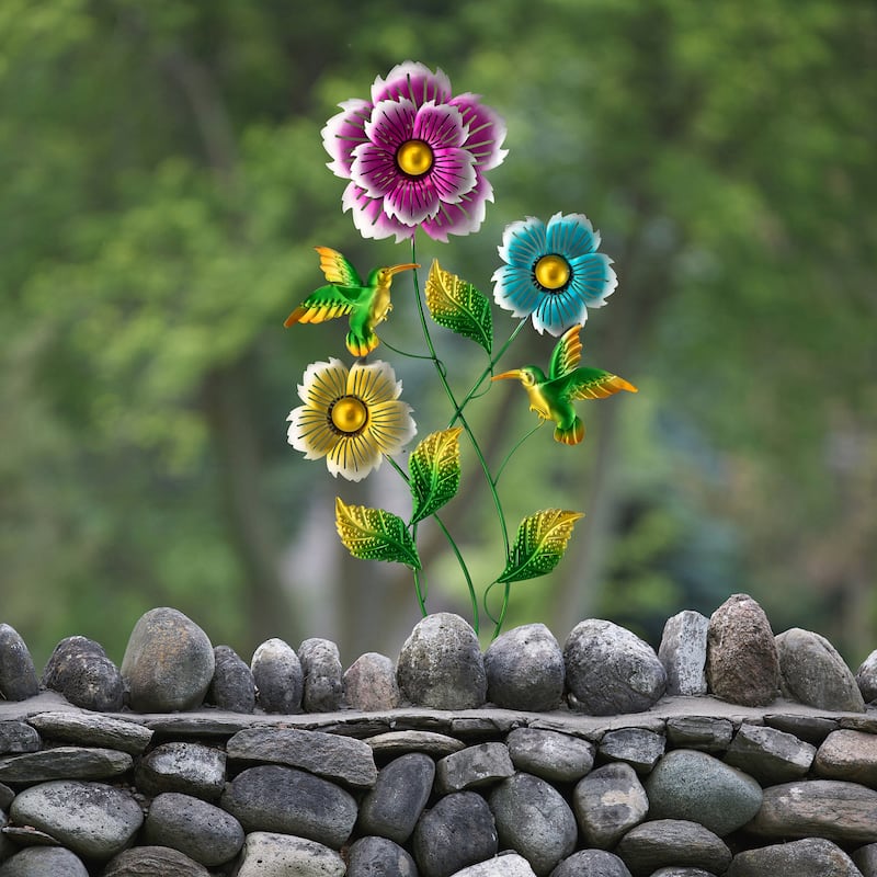 Glitzhome 34"H Garden Flower and Hummingbird Yard Stake Spring Gifts