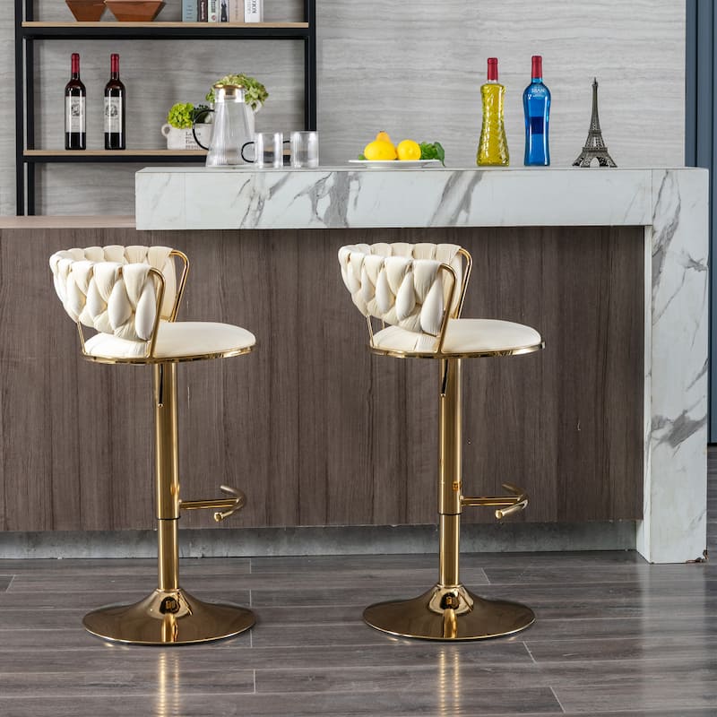 Set of 2 Adjustable Swivel Bar Stools, Cream Velvet with Chrome Footrest & Gold Legs
