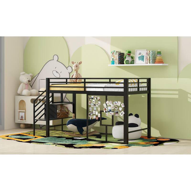 Black Twin Size Metal Low Loft Bed Frame with Storage Staircase