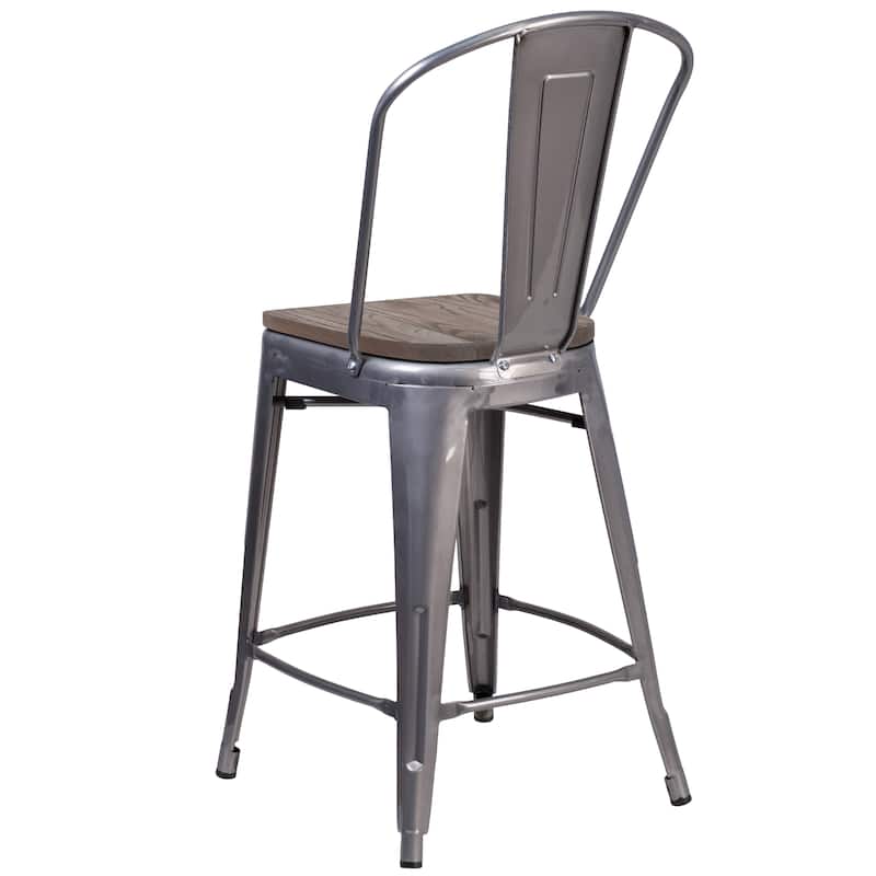 24" High Clear Coated Counter Height Stool with Back and Wood Seat - 17.75"W x 22"D x 40.5"H