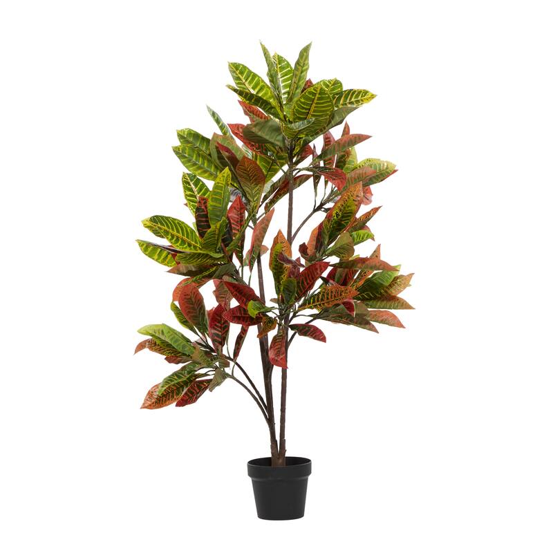 Faux Foliage Croton Artificial Plant with Realistic Leaves and Black Plastic Pot - Green - Roche River Decor