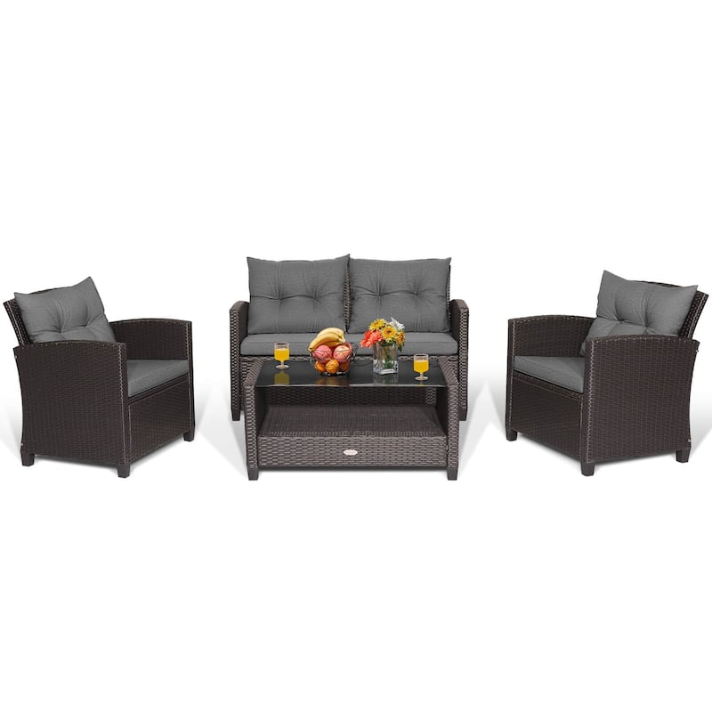 Costway 4 PCS Patio Rattan Furniture Set Glass Table Shelf Sofa - See Details