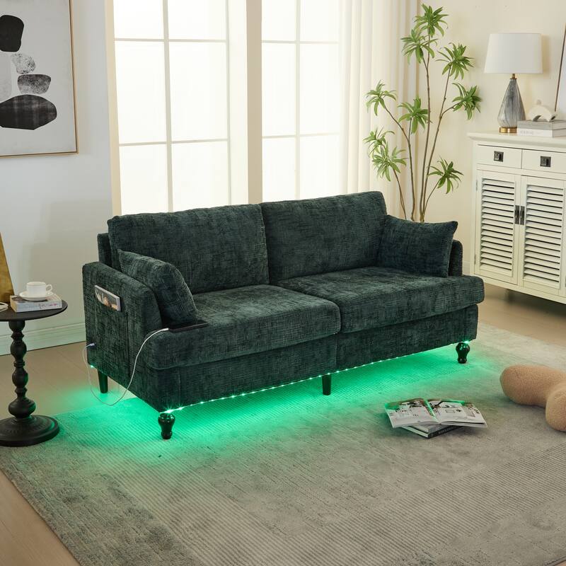 Modern Style Chenille 2-Seater Wood-Legged Sofa With Led Light,USB Charging Port And Storage Bag Living Room Bedroom Study Room