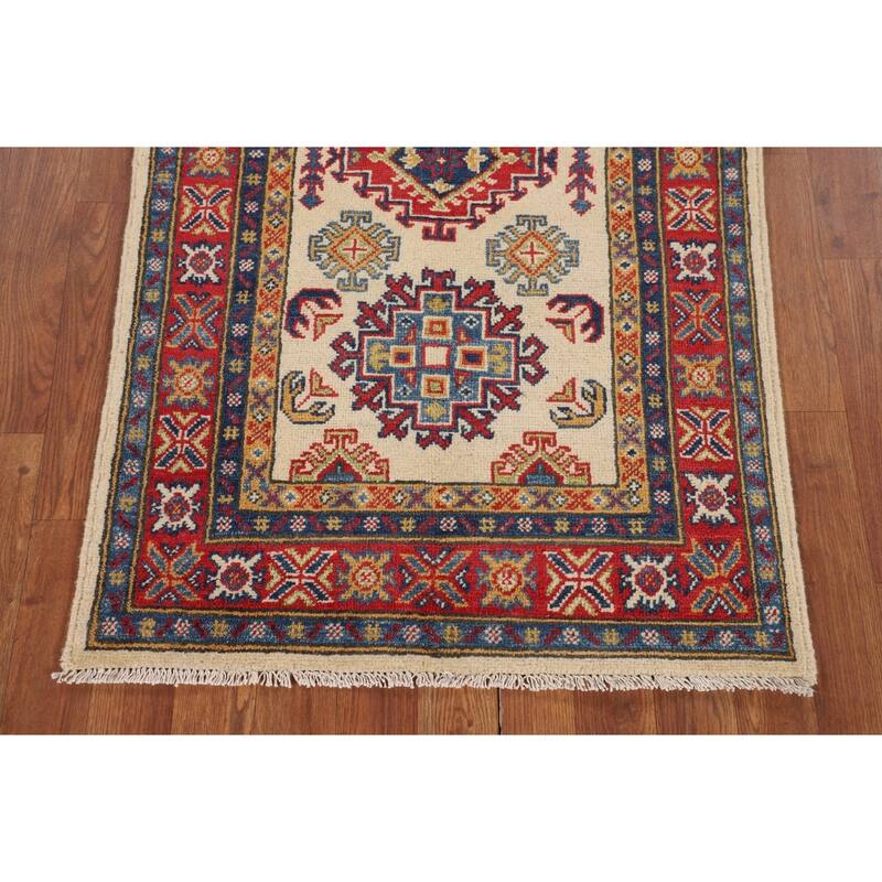 Geometric Beige Kazak Accent Rug Handmade Wool Carpet - 2'7" x 3'11"