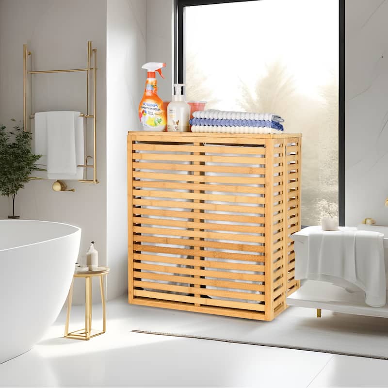 Natural Bamboo Dual-Section Laundry Hamper Foldable with Removable Liner & Ventilated Lid - 21.69""L x 13.85""W x 25.39""H