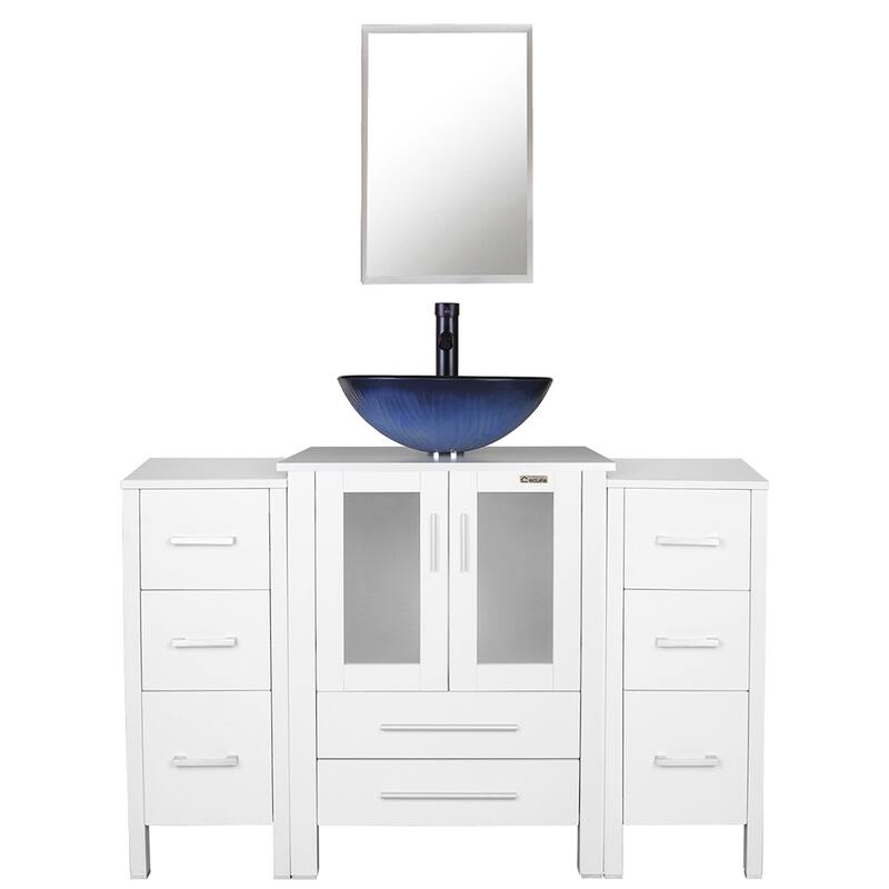 48" Bathroom Vanity Set Vessel Sink Mirror Faucet W/ Small Cabinet Combo - blue round sink - White