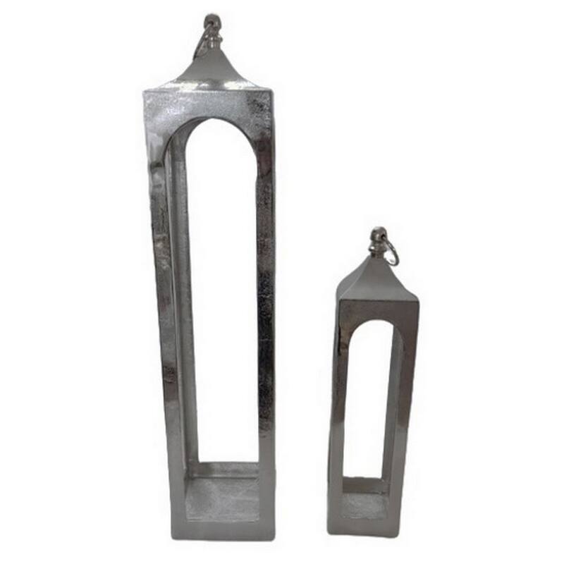Akira Tabletop Candle Holder Lantern Set of 2, Silver Metal, Top Hook