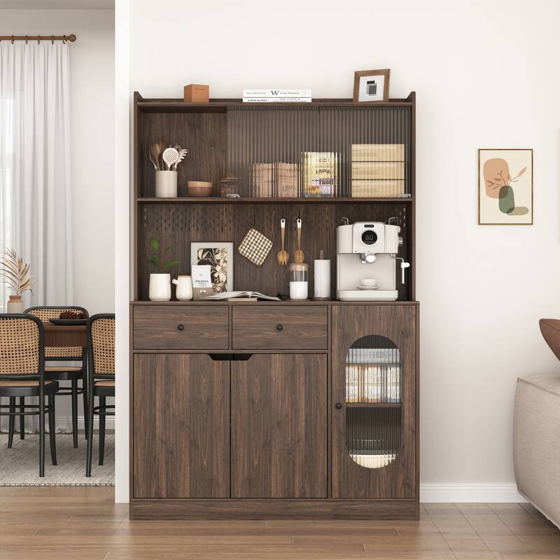 Kitchen Pantry with Bakers Racks, Freestanding Sideboard Cupboard with Reeded Glass Doors, Wood Cupboard with Microwave Stand - Walnut