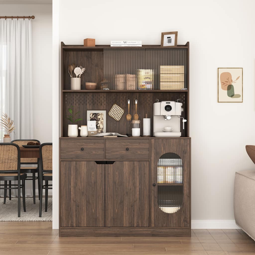 Kitchen Pantry with Bakers Racks, Freestanding Sideboard Cupboard with Reeded Glass Doors, Wood Cupboard with Microwave Stand