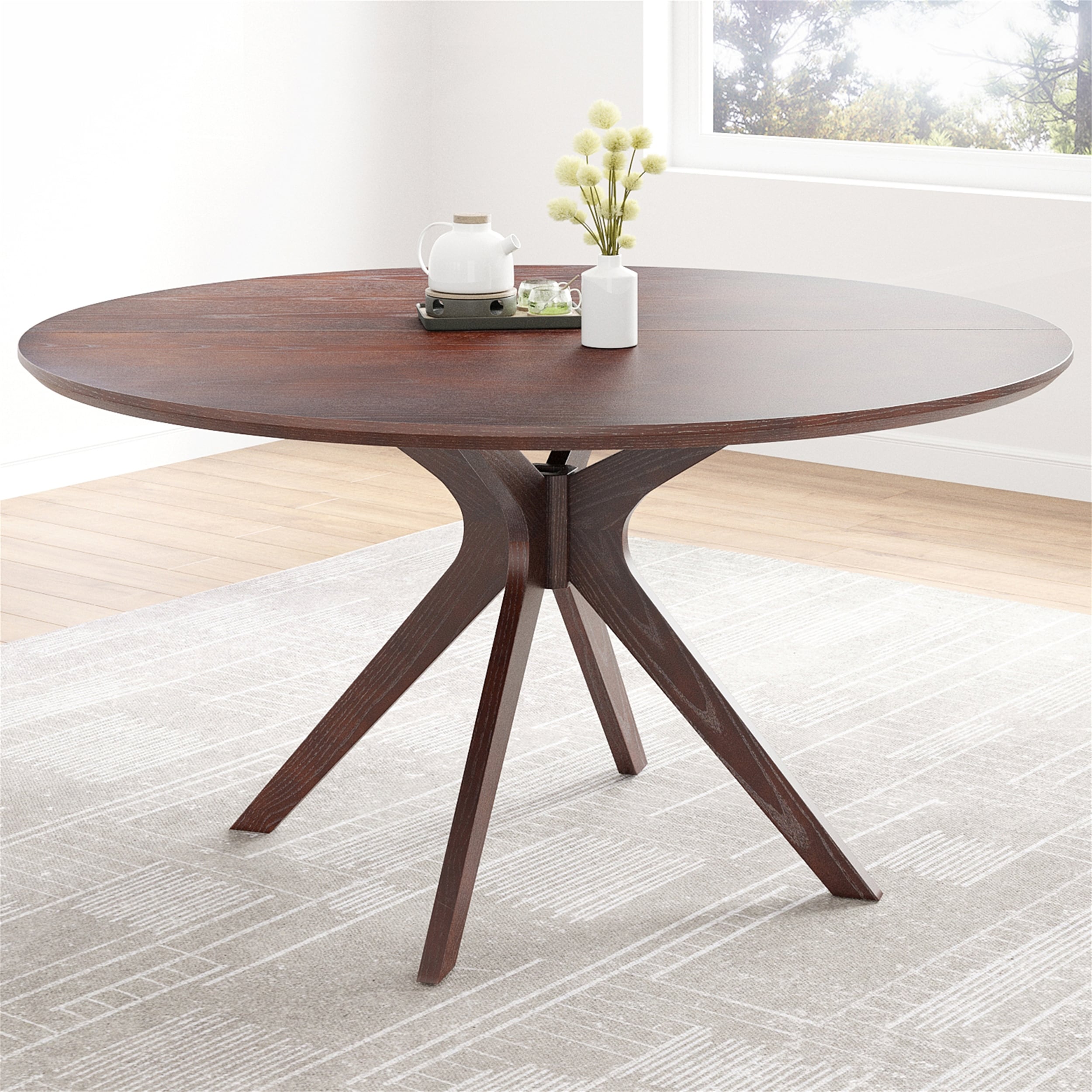 47.2" Round Wood Dining Table, X-Shape Pedestal Base, Soft Leg Pads