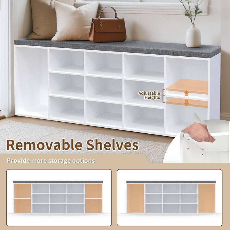 13 Pair Shoe Storage Bench with Adjustable Shelves for Entryway