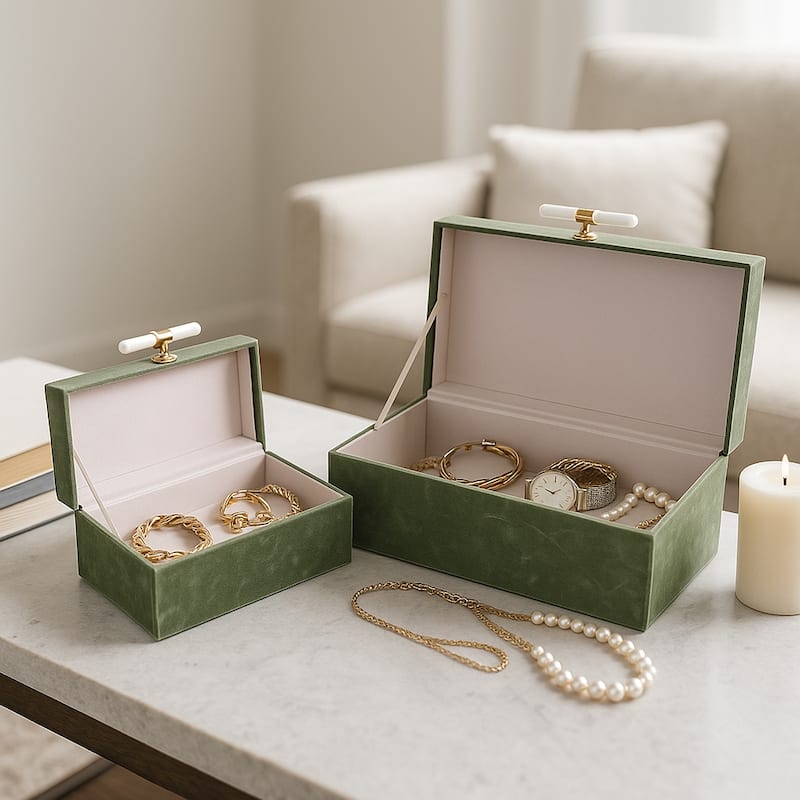 Decorative Rectangular Suede Box with Lid for Home Decor - Set of 2, 14", Green - 14" x 8" x 6"