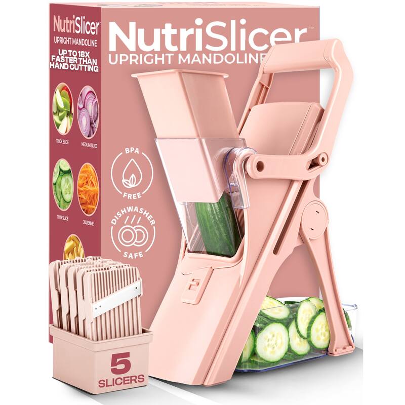 NutriSlicer Upright Mandoline Slicer - 5 Stainless Steel Blades, BPA-Free and Dishwasher Safe - Pink