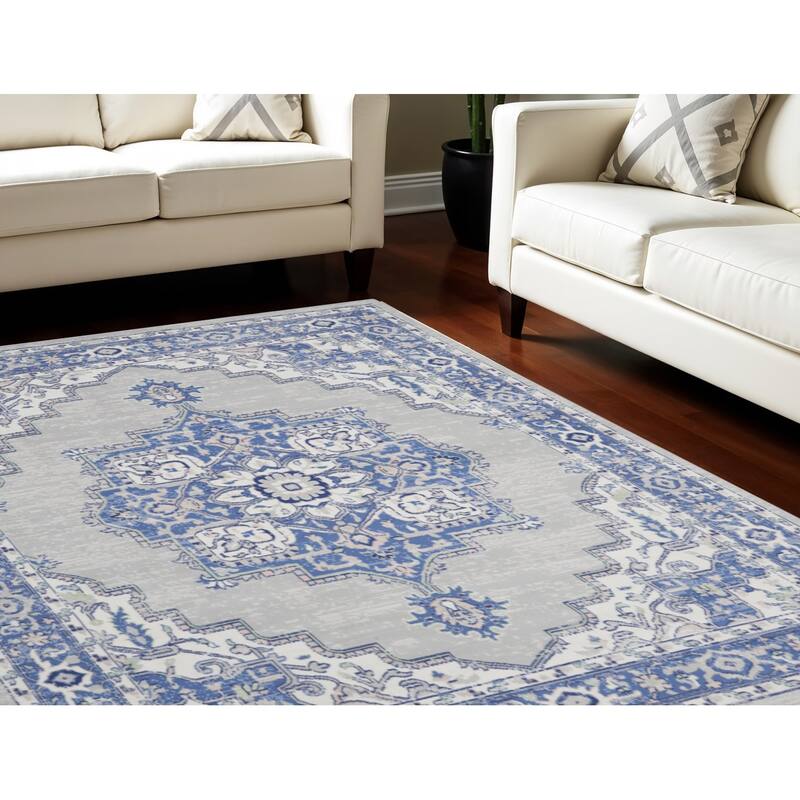 Hire Power Loomed Distressed Floral Traditional Non Skid Stain Resistant Area Rug By HomeRoots - 138' X '100' X '0.39 - 138' X '100' X '0.39 - Oxford Blue - Rectangle