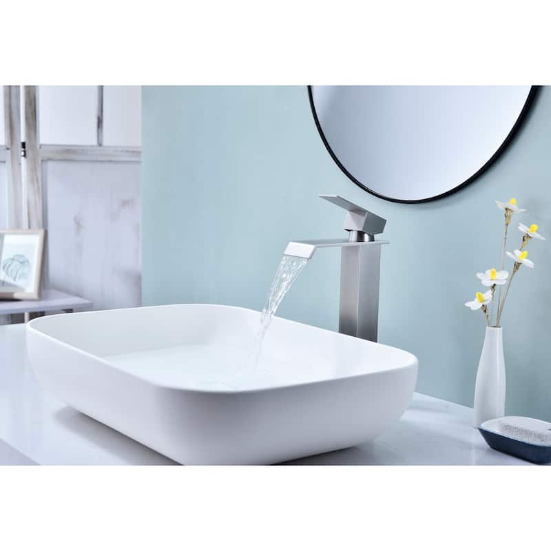 Waterfall Bathroom Sink Single Handle Faucet with Pop Up Drain, No Overflow, Corrosion and Rust Resistant - Off-White
