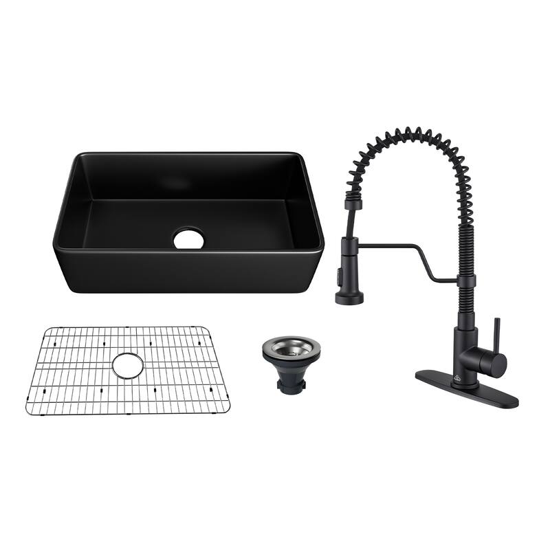 Farmhouse/Apron-Front Single Bowl Fireclay Kitchen Sink with 3-Function Pull-Down Faucet, Bottom Grid, and Basket Strainer - 33" Matte Black Sink + 3-Function Pull-Down Faucet - 33 x 18 x 10