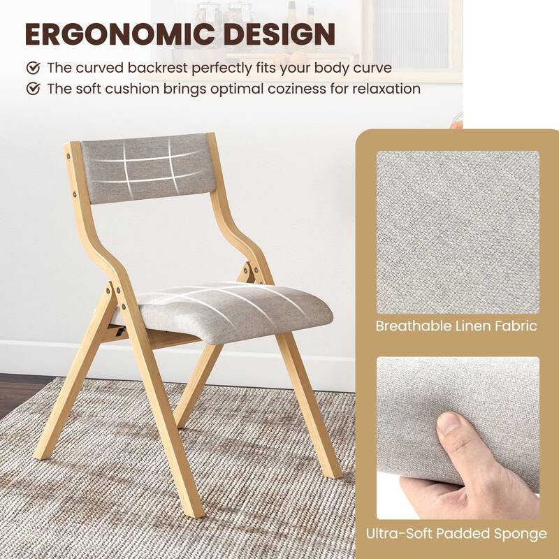 Set of 2 Linen Fabric Folding Chairs with Curved Backrest and Solid Bentwood Legs for Kitchen Use - 19" x 24" x 31" (L x W x H)