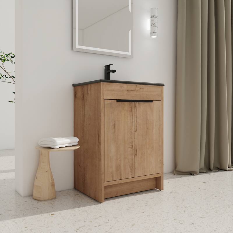 Freestanding Vanity with Black Ceramic Sink, Adjustable Shelf, Soft Closing Hinges, and Metal Handle - 24in L Plywood
