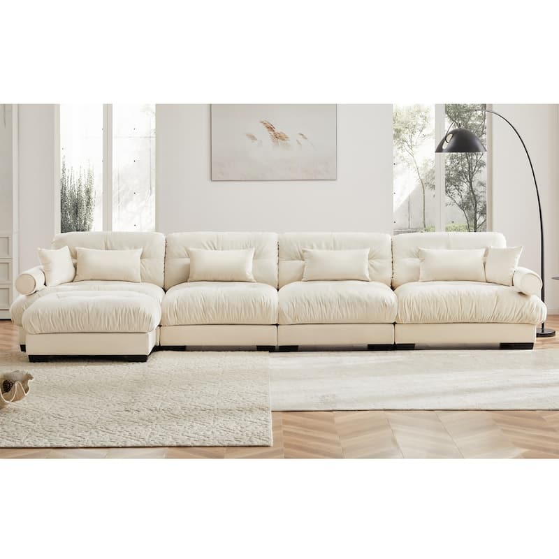 L-shaped Convertible Velvet Sectional Cloud Sofa with Ottoman & Pillows - Cream
