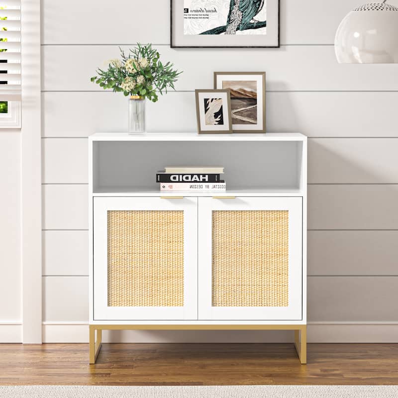 Anmytek Modern 2-Door White Wood Rattan Buffet Sideboard Kitchen Storage Cabinet with Adjustable Shelf - White