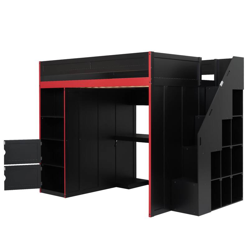 Roomfitters Twin/Full Gaming Loft Bed with Desk, Storage Locker and LED Lights, Black
