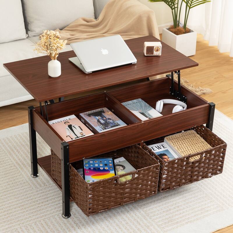 Brown Wood Coffee & End Tables with a Lifting Table,and Hidden Storage Space - Light brown