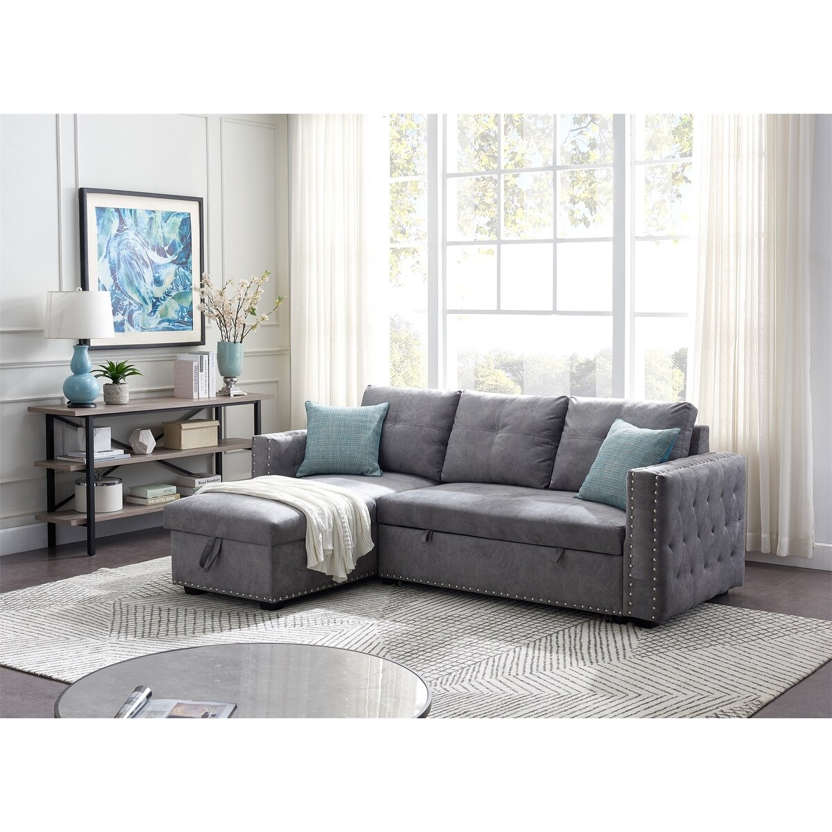 Merax 91 Inch Reversible Sleeper Sectional Sofa With Storage Chaise And Pull Out Bed Nailhead Overstock 31813473