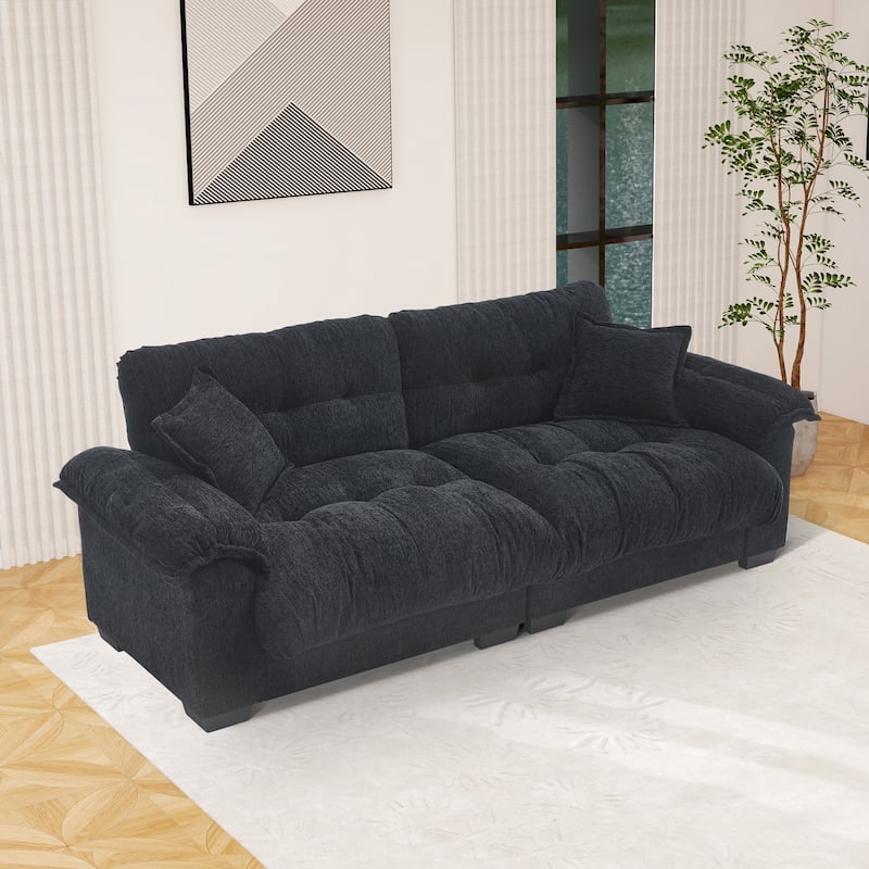 91" Modern Chenille Sofa Tufted Upholstered Couch with Two Throw Pillows for Living Room, Office, Living Room