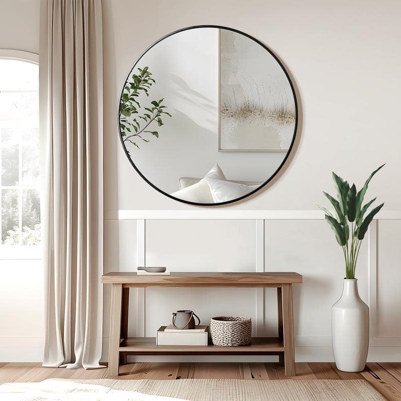 Classic Round Accent Bathroom Mirror Metal Frame Hanging Wall Mounted Circle Mirror for Wall Decor Vanity Entryway Living Room - 36" x 36" - Black