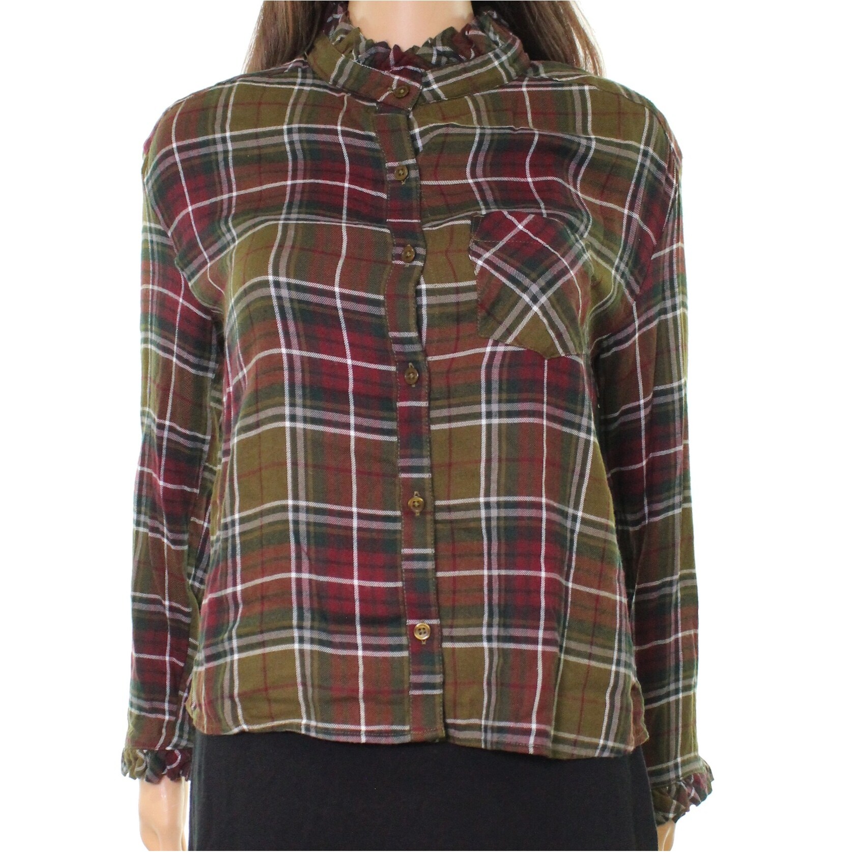 Shop Abound New Olive Green Plaid Ruffled Women S Size Xs Button Down Shirt Overstock 20997355